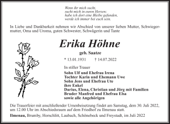 Traueranzeige von Erika Höhne von Südthüringer Presse