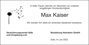 Traueranzeige von Max Kaiser von Frankenpost