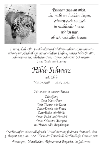 Traueranzeige von Hilde Schwarz von Südthüringer Presse