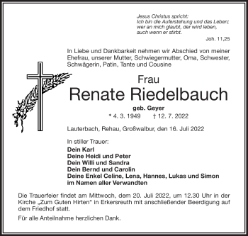 Traueranzeige von Renate Riedelbauch von Frankenpost