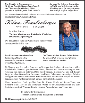 Traueranzeige von Klaus Frankenberger von Südthüringer Presse