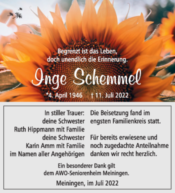Traueranzeige von Inge Schemmel von Südthüringer Presse
