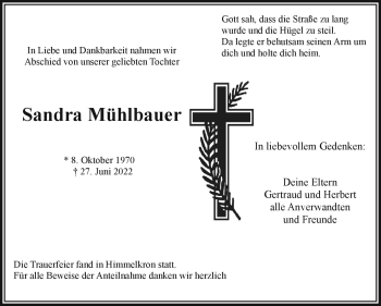 Traueranzeige von Sandra Mühlbauer von Frankenpost