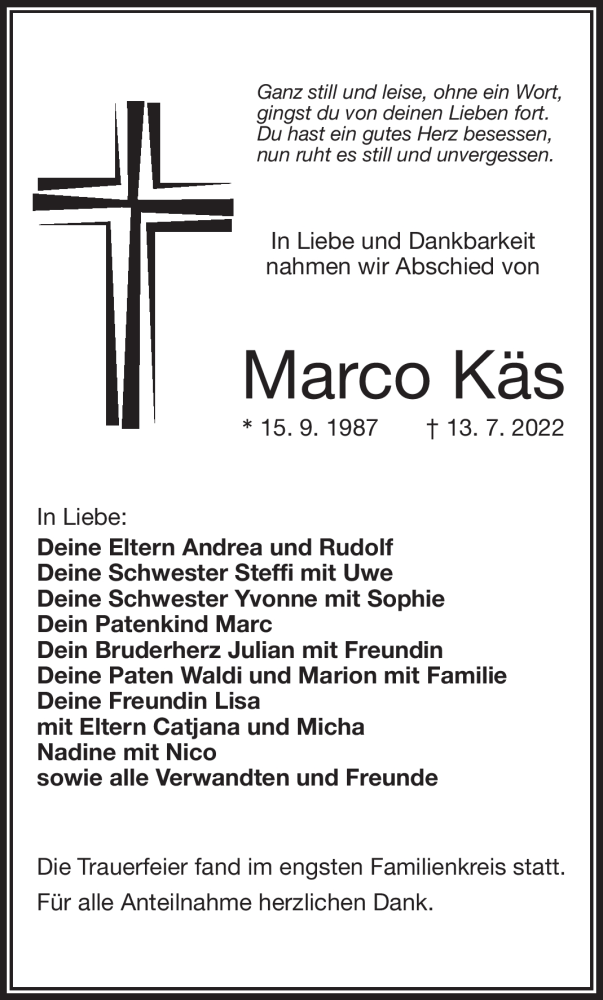  Traueranzeige für Marco Käs vom 23.07.2022 aus Frankenpost