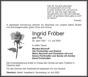 Traueranzeige von Ingrid Fröber von Südthüringer Presse