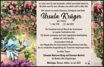 Traueranzeige von Ursula Krüger von Südthüringer Presse
