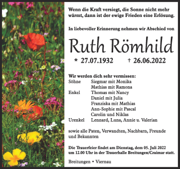Traueranzeige von Ruth Römhild von Südthüringer Presse