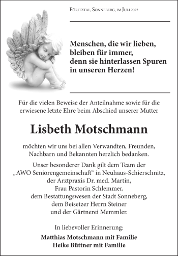 Traueranzeige von Lisbeth Motschmann von Südthüringer Presse