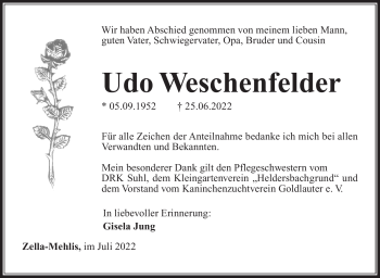 Traueranzeige von Udo Weschenfelder von Südthüringer Presse