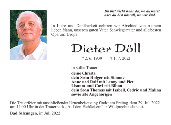 Traueranzeige von Dieter Döll von Südthüringer Presse