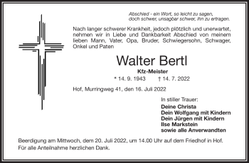 Traueranzeige von Walter Bertl von Frankenpost