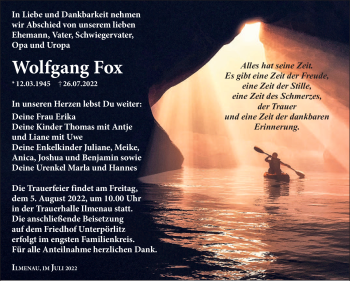 Traueranzeige von Wolfgang Fox von Südthüringer Presse