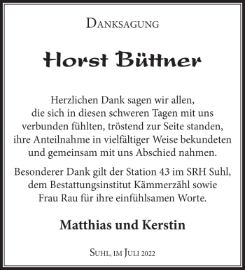 Traueranzeige von Horst Büttner von Südthüringer Presse