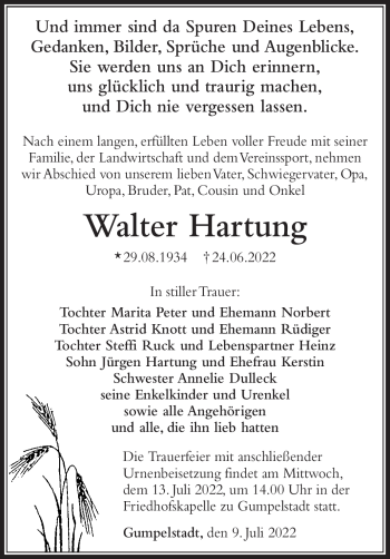 Traueranzeige von Walter Hartung von Südthüringer Presse