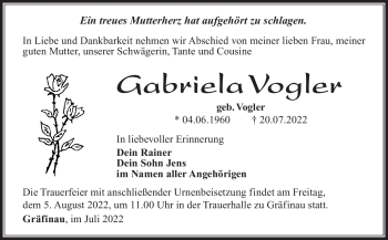 Traueranzeige von Gabriela Vogler von Südthüringer Presse