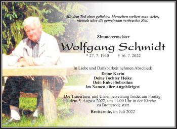 Traueranzeige von Wolfgang Schmidt von Südthüringer Presse