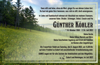 Traueranzeige von Günther Köhler von Südthüringer Presse