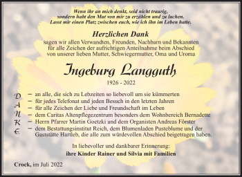 Traueranzeige von Ingeburg Langguth von Südthüringer Presse