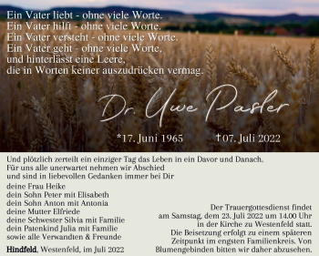 Traueranzeige von Dr. Uwe Pasler von Südthüringer Presse
