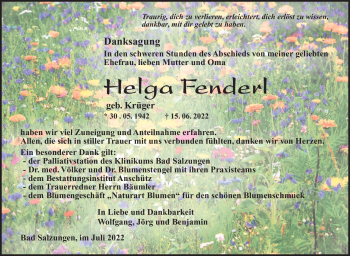 Traueranzeige von Helga Fenderl von Südthüringer Presse