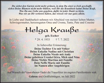 Traueranzeige von Helga Krauße von Südthüringer Presse