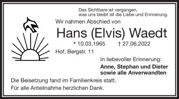 Traueranzeige von Hans Waedt von Frankenpost