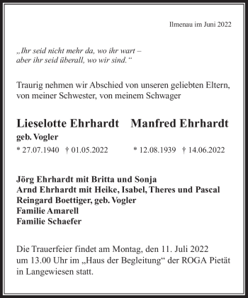 Traueranzeige von LieselotteManfred EhrhardtEhrhardt von Südthüringer Presse