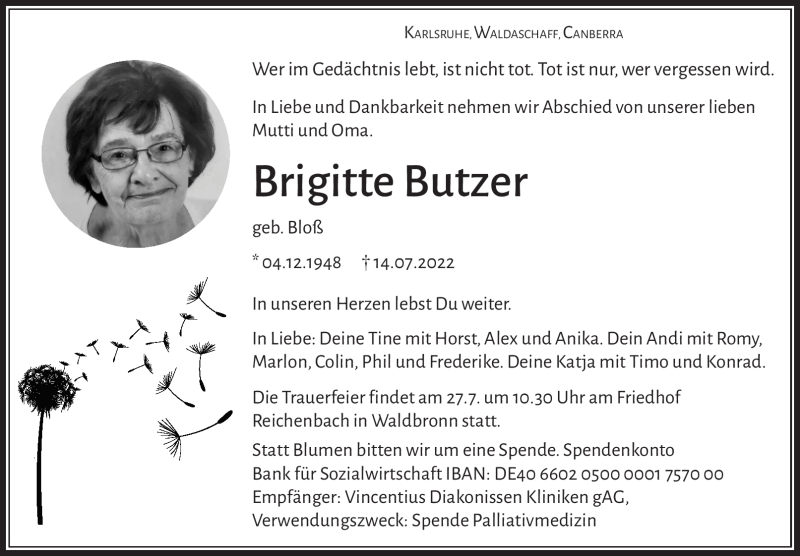  Traueranzeige für Brigitte Butzer vom 23.07.2022 aus Frankenpost