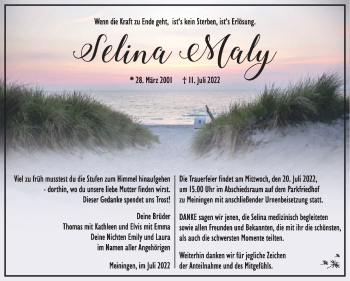 Traueranzeige von Selina Maly von Südthüringer Presse