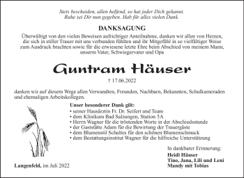 Traueranzeige von Guntram Häuser von Südthüringer Presse