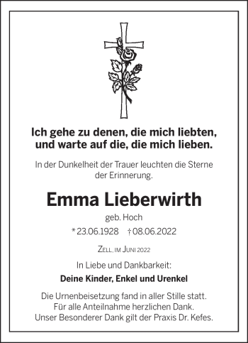 Traueranzeige von Emma Lieberwirth von Frankenpost
