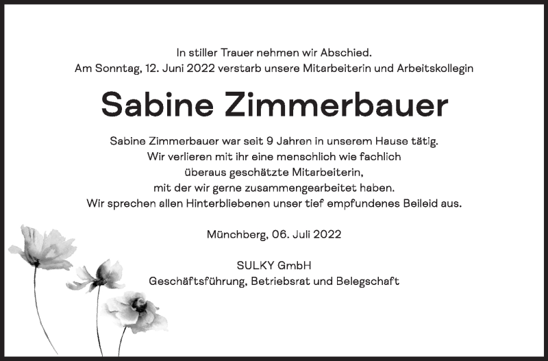  Traueranzeige für Sabine Zimmerbauer vom 06.07.2022 aus Frankenpost