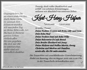 Traueranzeige von Karl-Heinz Häfner von Südthüringer Presse