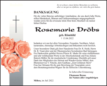 Traueranzeige von Rosemarie Dröbs von Südthüringer Presse