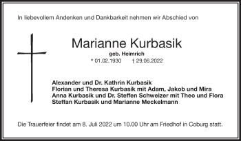 Traueranzeige von Marianne Kurbasik von Neue Presse Coburg