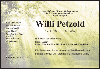 Traueranzeige von Willi Petzold von Südthüringer Presse
