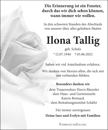 Traueranzeige von Ilona Talli von Südthüringer Presse
