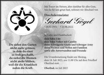 Traueranzeige von Gerhard Gögel von Südthüringer Presse