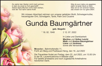 Traueranzeige von Gunda Baumgärtner von Neue Presse Coburg