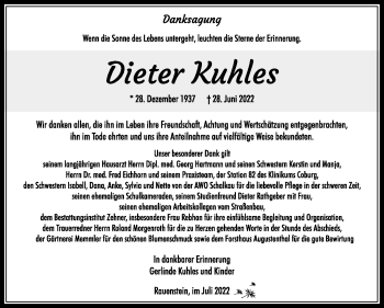 Traueranzeige von Dieter Kuhles von Südthüringer Presse