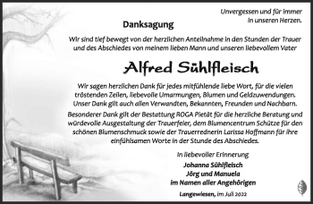 Traueranzeige von Alfred Sühlfleisch von Südthüringer Presse