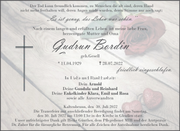Traueranzeige von Gudrun Bordin von Neue Presse Coburg