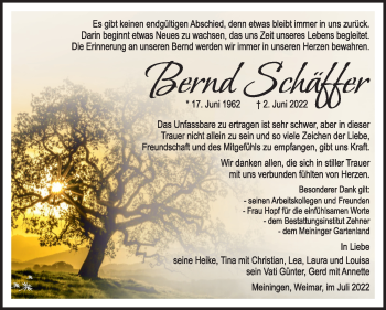 Traueranzeige von Bernd Schäffer von Südthüringer Presse