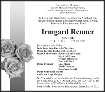 Traueranzeige von Irmgard Renner von Südthüringer Presse