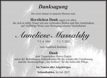 Traueranzeige von Anneliese Massalsky von Südthüringer Presse