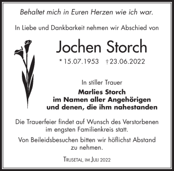 Traueranzeige von Jochen Storch von Südthüringer Presse