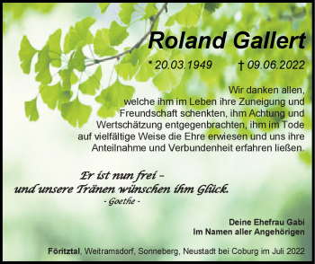 Traueranzeige von Roland Gallert von Südthüringer Presse