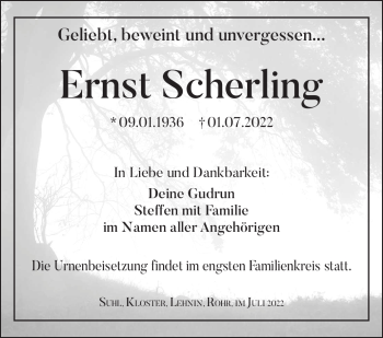 Traueranzeige von Ernst Scherling von Südthüringer Presse