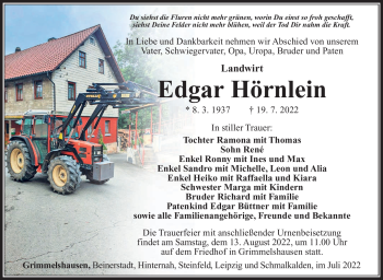 Traueranzeige von Edgar Hörnlein von Südthüringer Presse