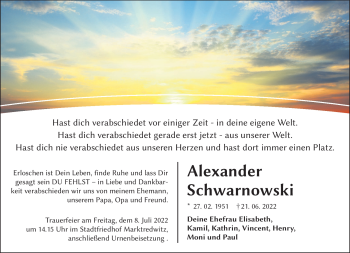 Traueranzeige von Aleander Schwarnowski von Frankenpost
